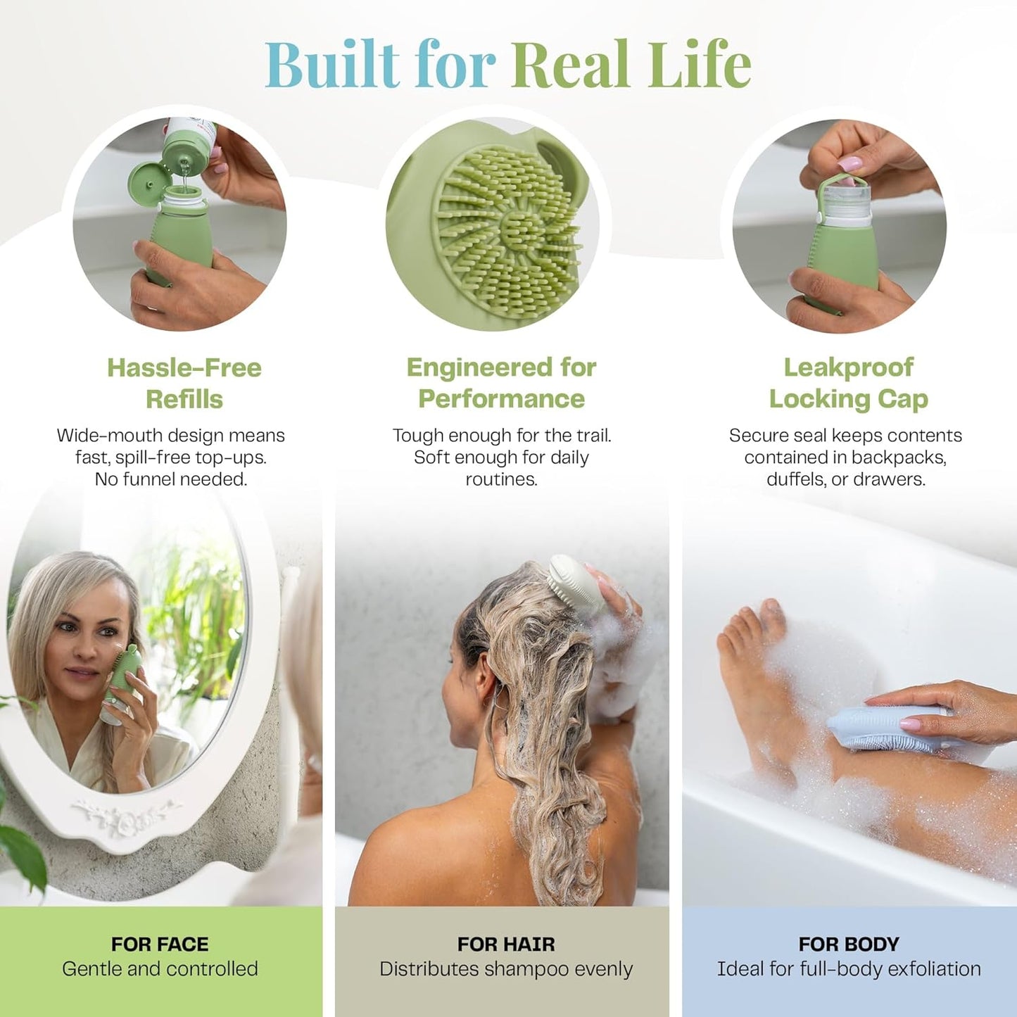 Sumina Silicone Travel Bottles 3 Pack (3.4oz) – TSA-Approved Leak-Proof Toiletry Containers with 2-in-1 Built-In Exfoliating Scrubber – Refillable for Travel, Gym & Skincare