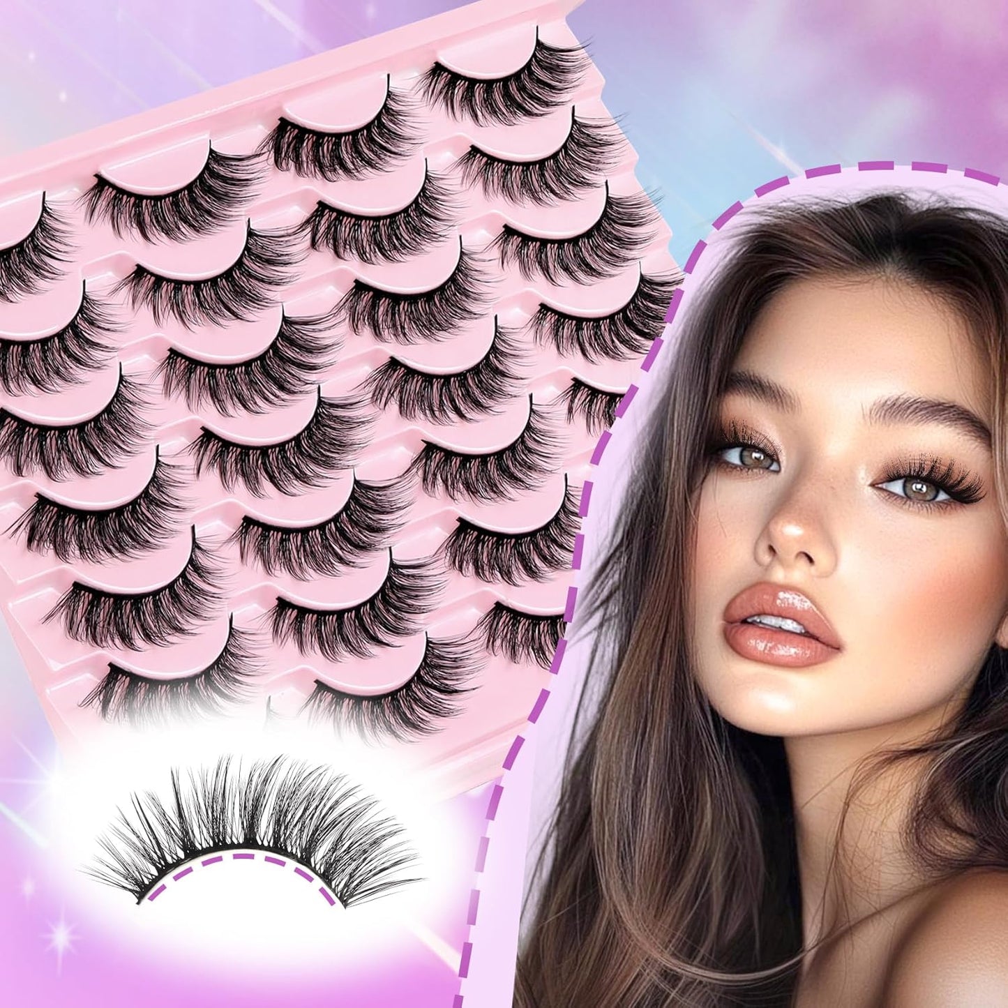 Losha Lashes Wispy False Eyelashes Natural Cat Eye Lashes Kit with Lash Glue and Lash Tweezers 14 Pairs Short Fake Eyelashes Soft Thin Faux Mink Lashes Pack (Lighter)