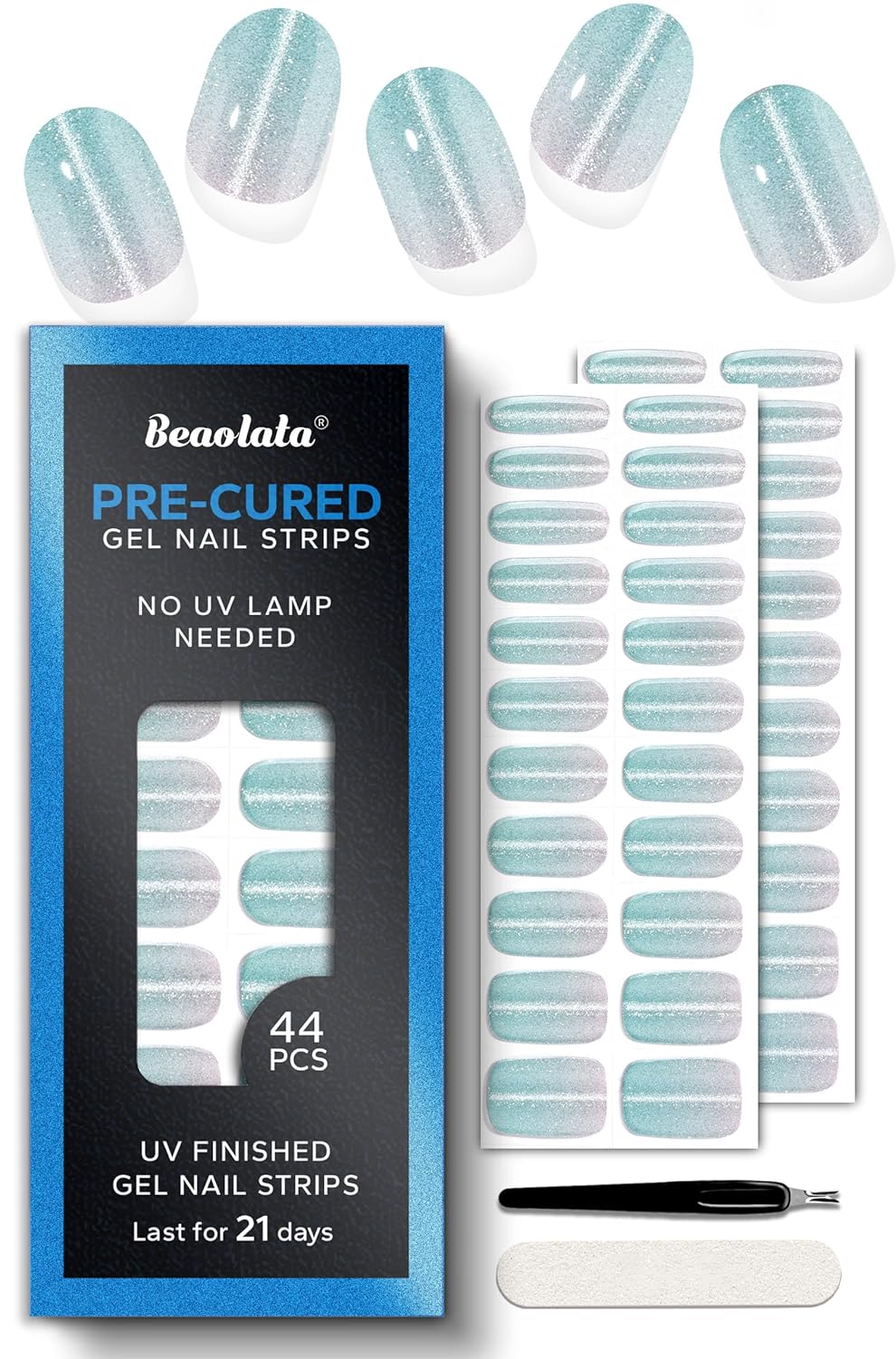 Pre Cured Gel Nail Strips - 44PCS Salon Quality Gel Nail Stickers - Long Lasting Polish Wraps for Women no UV Light Needed Easy Apply& Remove (Fairy Dust Green）