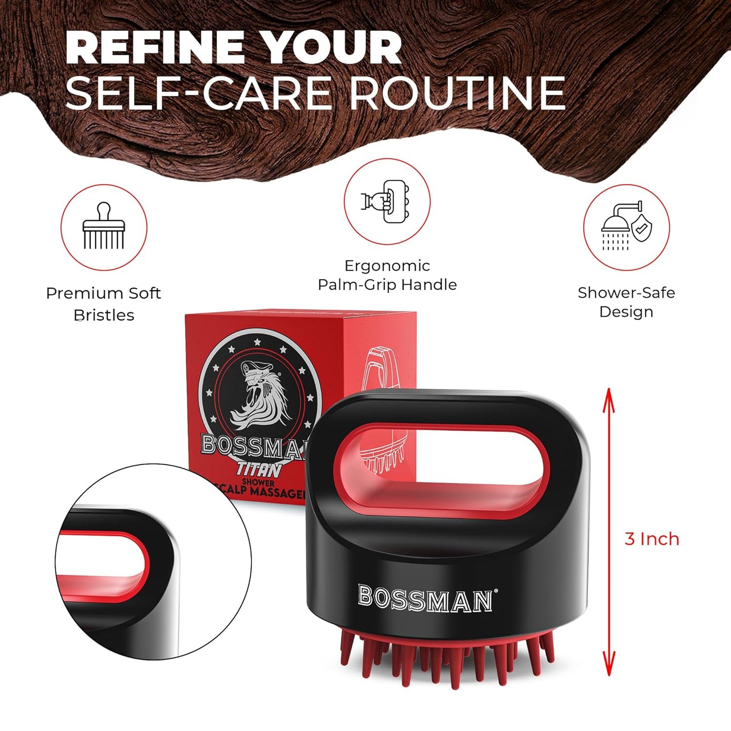 Bossman Titan Shower Scalp Massager – Ergonomic Silicone Scrubber for Product Build-Up, Dandruff & Pore Stimulation – Head & Beard Care Tool with Soft Bristles