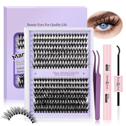 B&Qaugen Lash Extension Kit for Beginners Eyelash Extension Kit Manga Lash Clusters Kit 280 PCS Individual Lashes Kit Volume 40D+50D Soft D Curl Eye Lash Extension Lash Kit(Manga-40D+50D-D-9-16MIX)