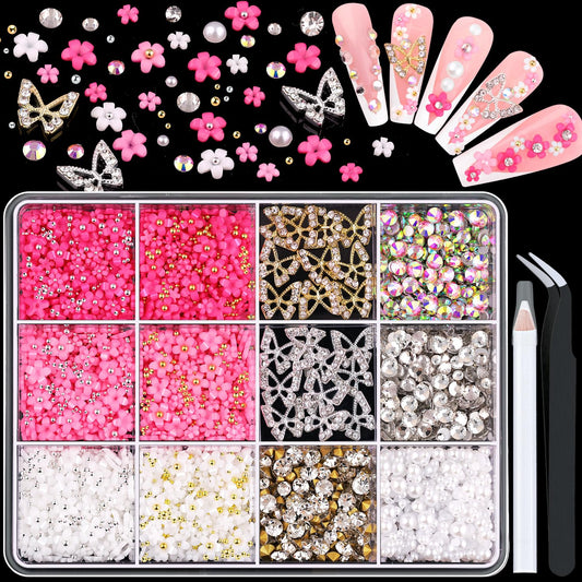 3D Nail Charms and Gems Set 1, 20PCS Gold and Silver Chunky Butterfly Charms With Rhinestones, 3D Flowers, Flatback Crystals, Pearls, Diamonds + Picker Tool for Y2K Nail Decoration