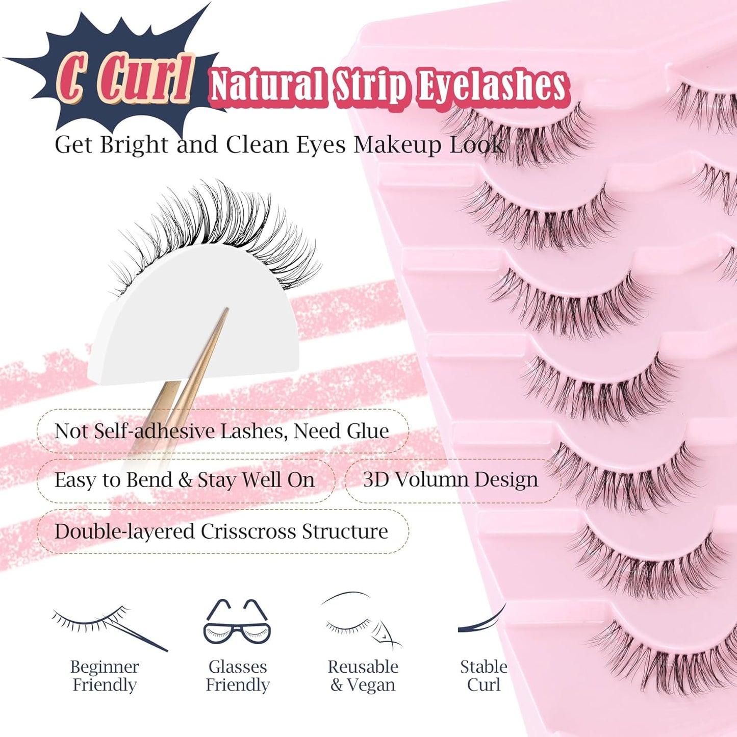 Eyelashes Natural False Lashes 14mm Eye Lashes with Thin Band 3D Volume Fake Eyelashes C Curl Wispy Lashes Natural Look 7 Pair
