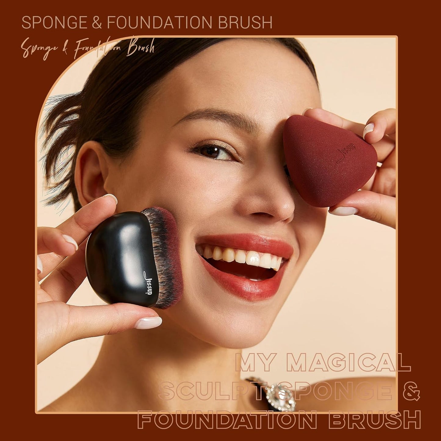 Jessup Foundation Brush with Makeup Sponge, Black Makeup Brush Flat Top Kabuki Brush for Liquid Blending Stippling, T881
