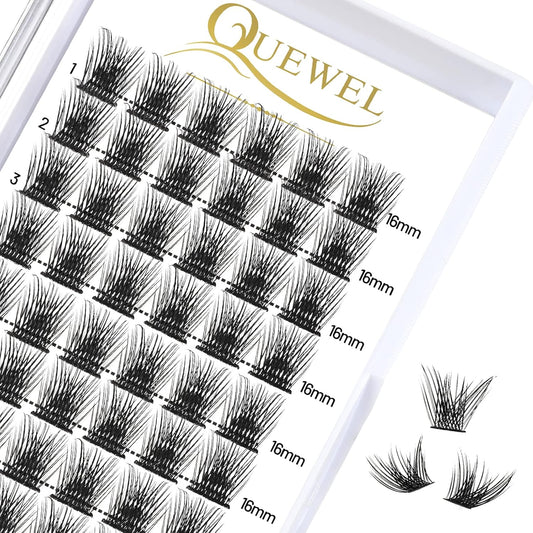 QUEWEL Cluster Lashes 72 Pcs Wide Stem Individual Lashes C/D Curl 8-16mm Length DIY Eyelash Extension False Eyelashes Soft for Personal Makeup Use at Home (H03-C-16)