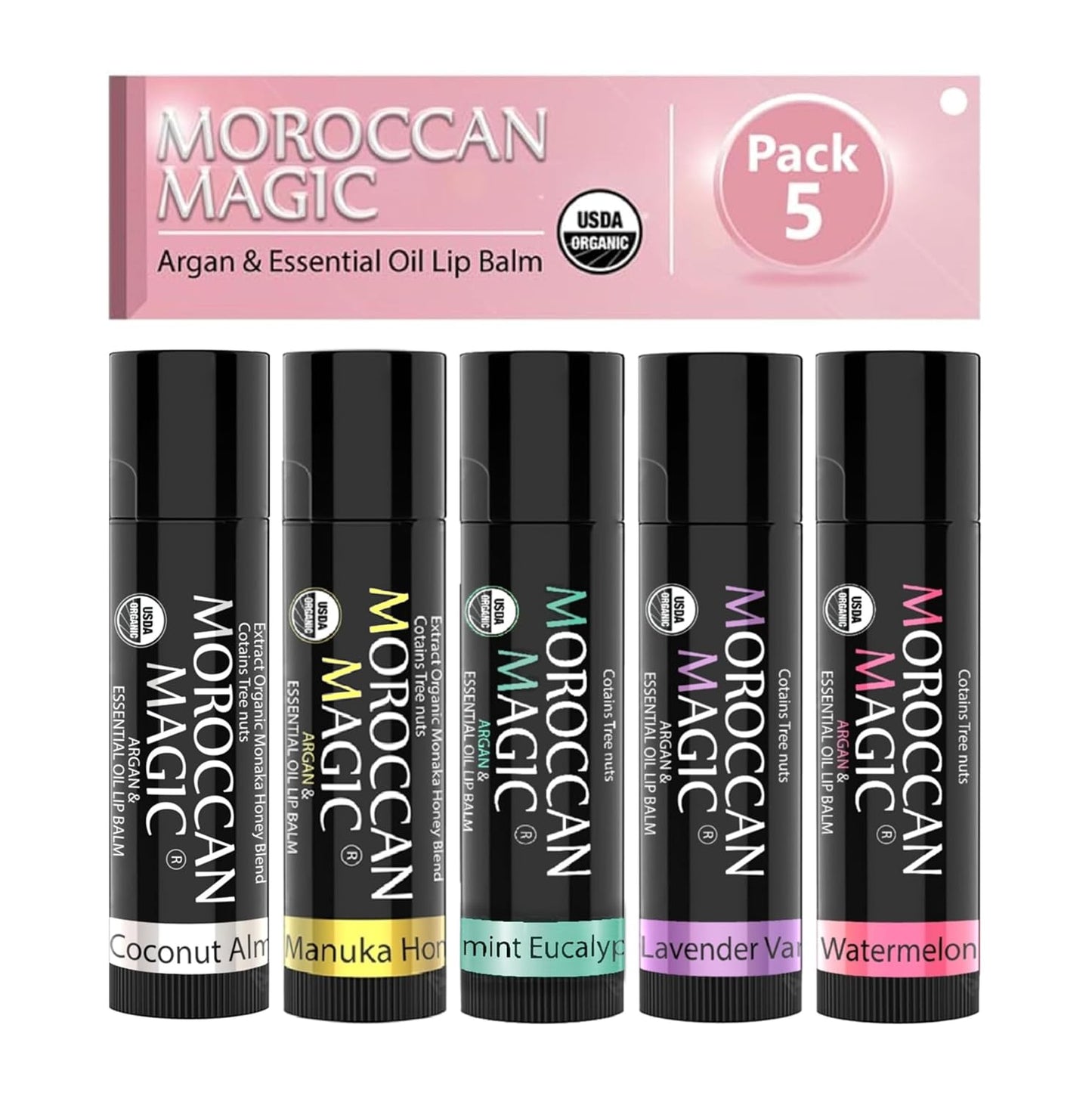Moroccan Magic Organic Lip Balm 5 Piece Variety Pack Gift Set | Ultra-Hydrating Argan & Essential Oil Lip Moisturizer + Vitamin E | Smooth | Natural | Non-Toxic | Cruelty Free | 5 Pack