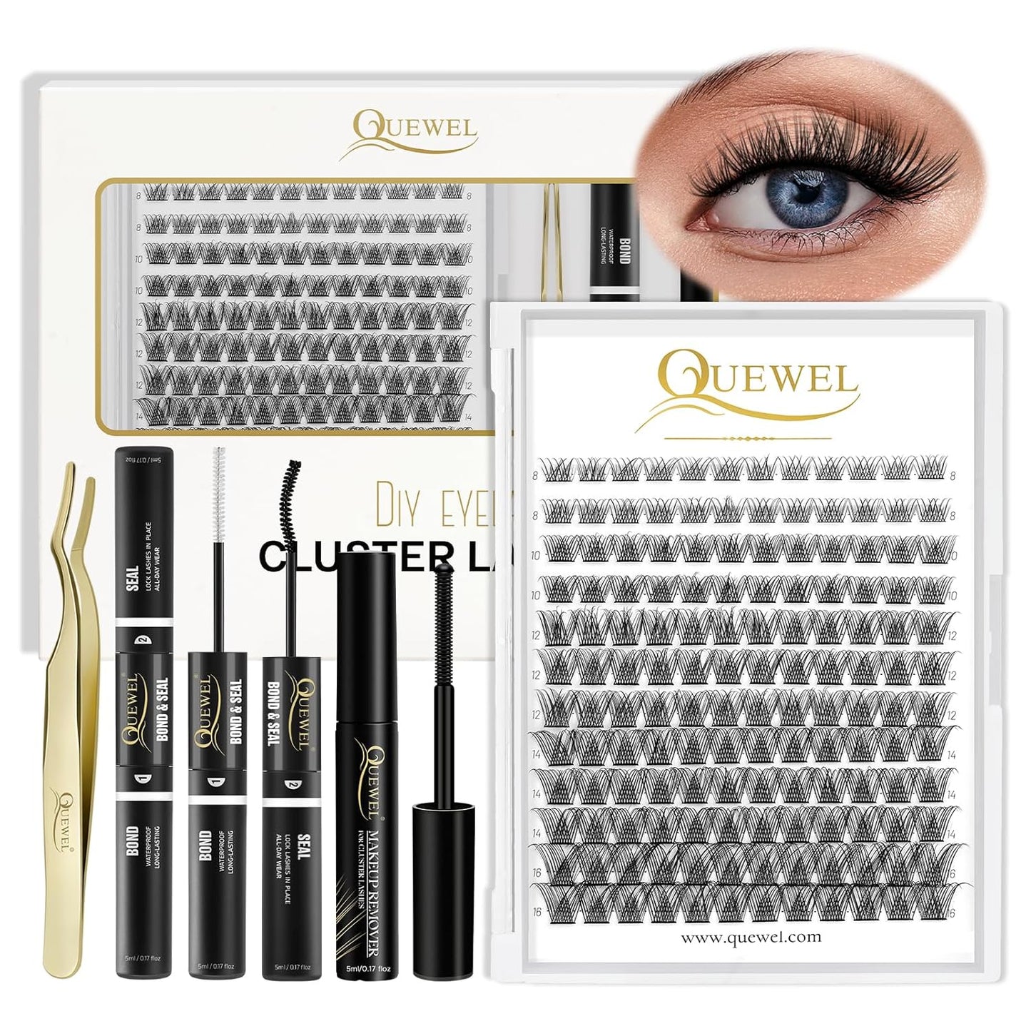 QUEWEL DIY Lash Extensions Kit Lash Clusters 144 Pcs, Cluster Lashes Golden Lashes Tweezers, Eyelash Clusters Bond and Seal Waterproof, Cluster Lash Glue Remover for DIY Lash Extensions (QU-RR-DH-02)