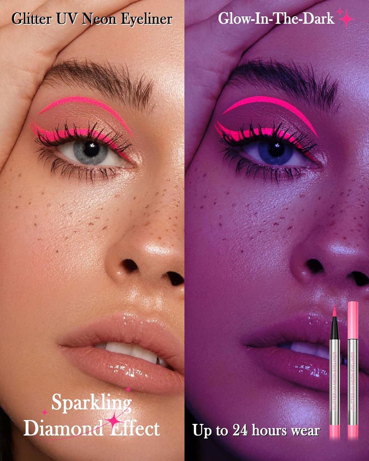 Glitter UV Neon Eyeliner Pencil, Waterproof Smudge-Proof Pink Eye Liner Liquid Pen, High-Pigment Shimmer Eyeliner Pen Long-Lasting Colorful Professional Makeup, Halloween Rave Party Gift for Women-02