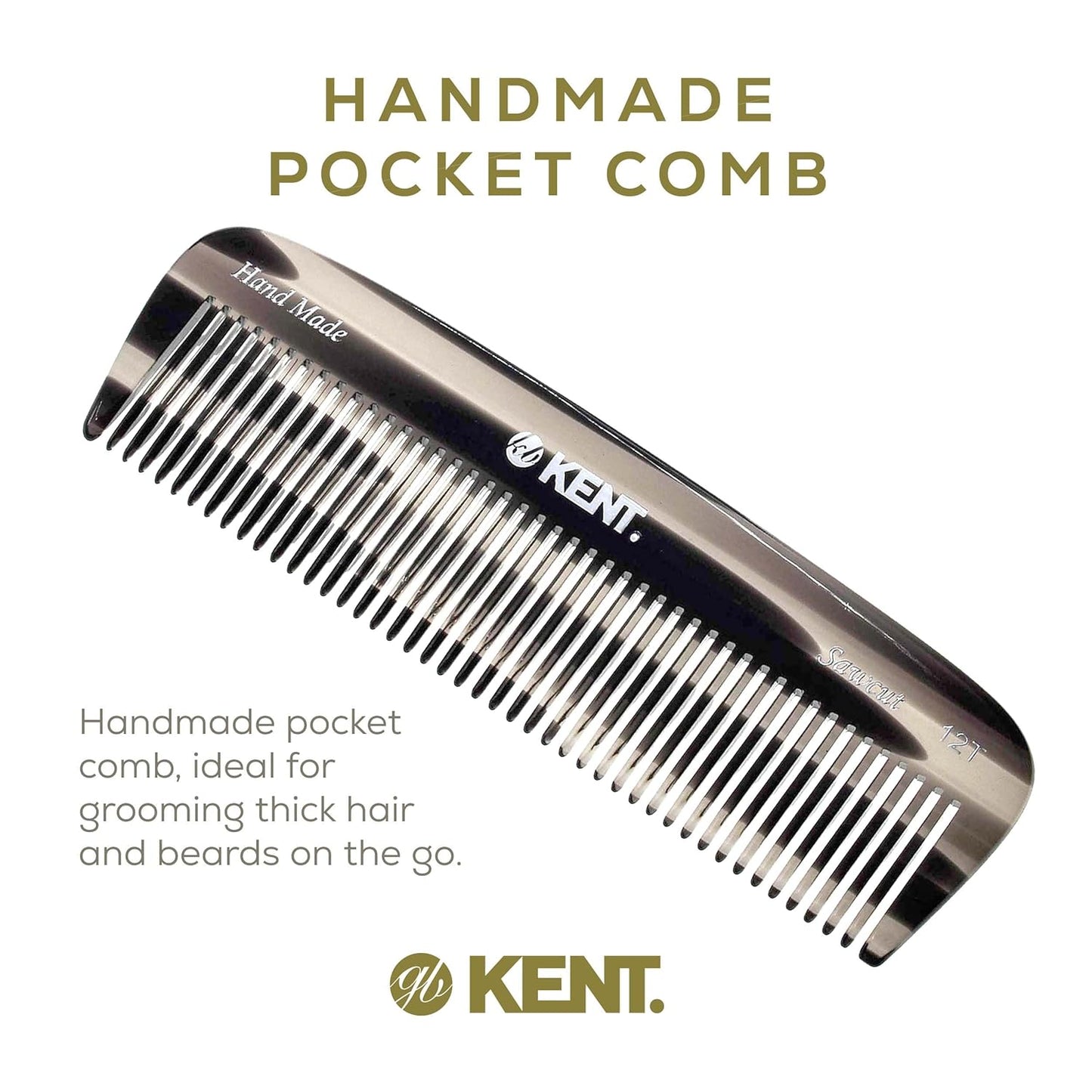 Kent 12T G Wide Tooth Detangling Comb - Handmade Pocket Comb for Thick, Curly, Wavy Hair - Large Tooth Hair and Beard Grooming Comb, Saw-Cut and Hand Polished