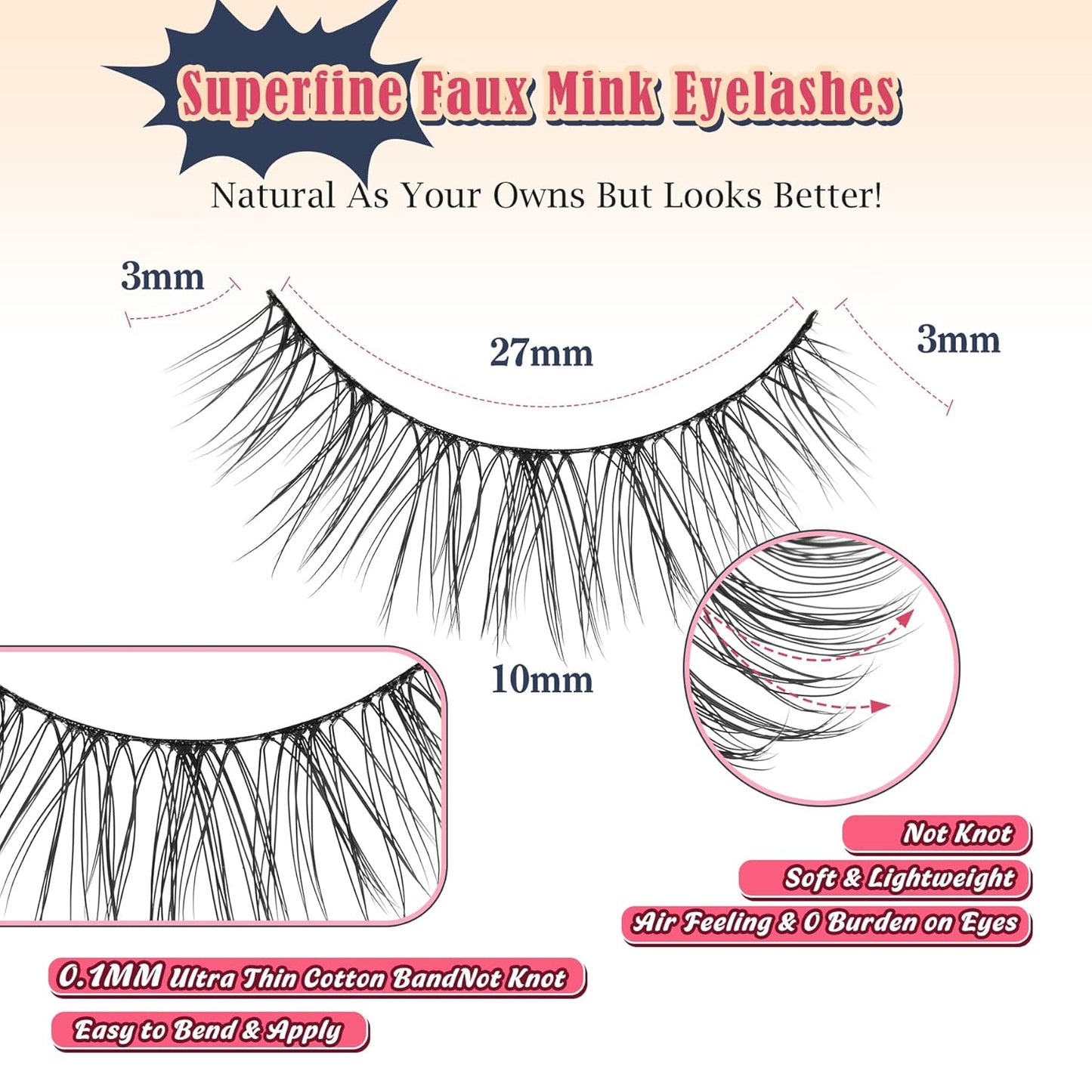 Eyelashes Short Natural Lashes Wispy Eyeashes Natural Look 10mm Strip Lashes False Eyelashes C Curl Eye Lashes Pack 0.1MM Thin Band 3D Volume Soft Eyelash Siligli Lash 7 Pair
