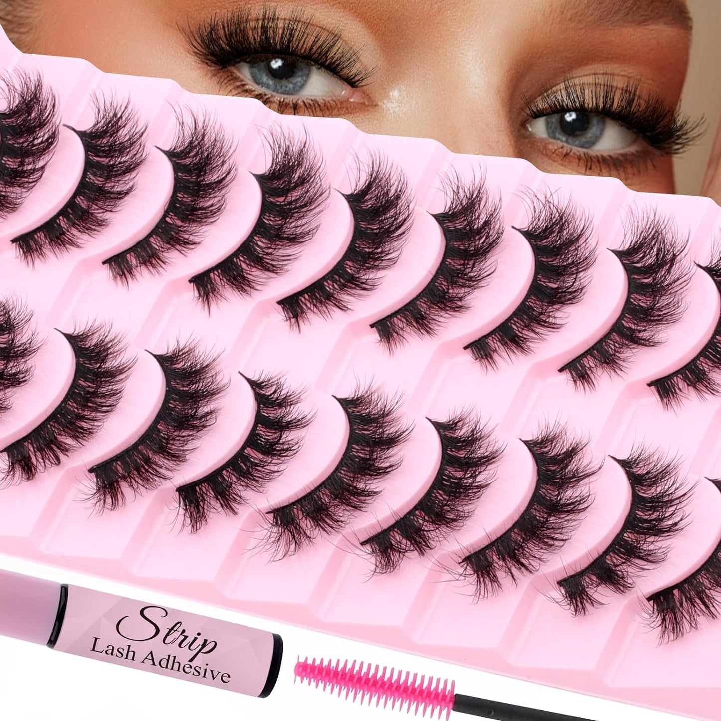 Strip Lash with Glue for DIY Lash-users: 10 Pairs, DIY, Natural Look, Fluffy, Manga, Wispy, Waterproof, Anime, Cat Eye, D Curl, XH42-08