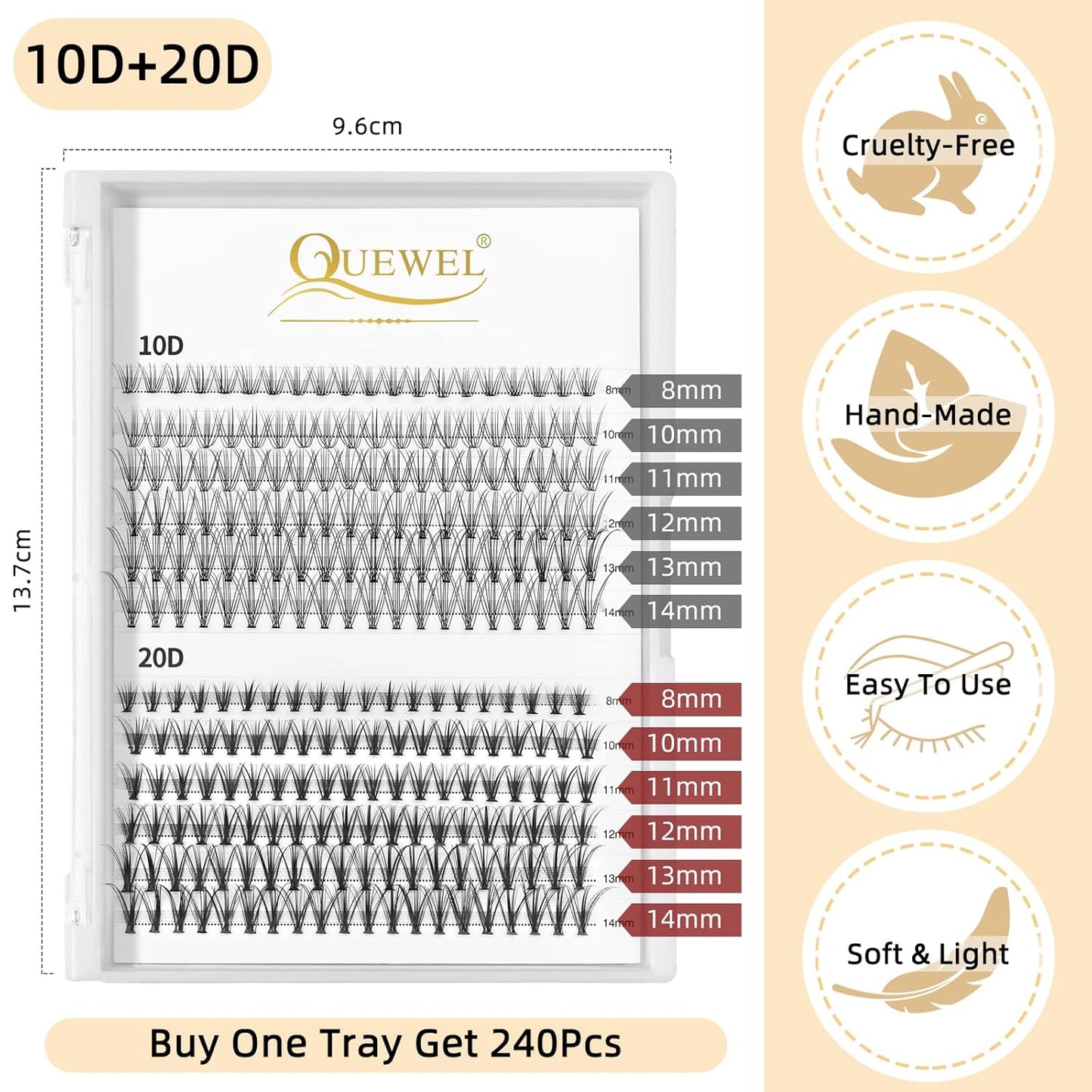 QUEWEL Cluster Lashes 240Pcs Individual Lashes 10D+20D C Curl Mix8-14mm Lash Extensions Clusters Lashes Soft&Natural False Eyelashes Individual DIY Eyelash Extension at Home(10D+20D C MIX8-14)