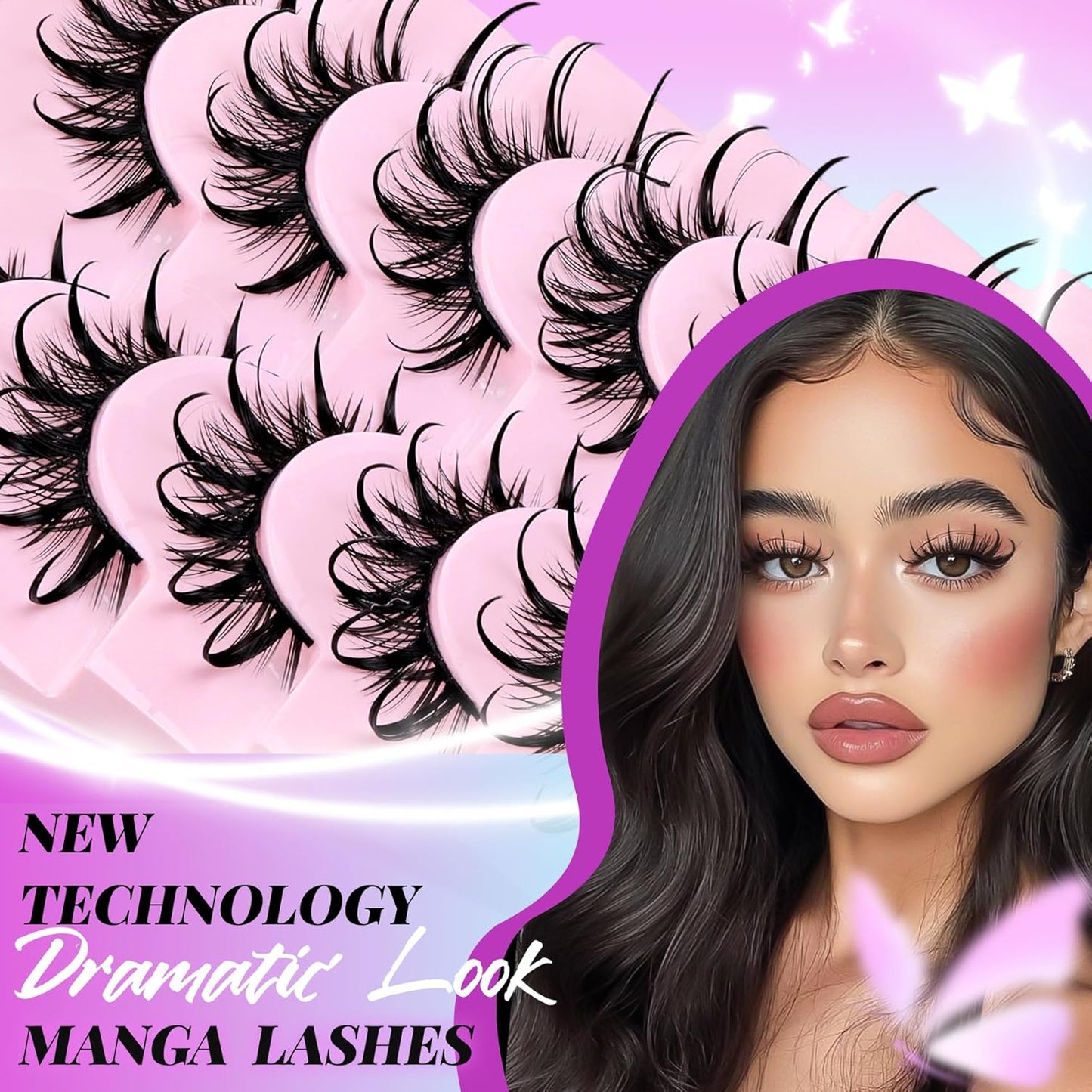 Losha Lashes Spiky Manga Lashes Wet Look Dramatic False Eyelashes 10 Pairs D Curl Cat Eye Lashes Kit with Lash Glue and Lash Tweezers Cosplay Anime Fake Eyelashes (Daring)