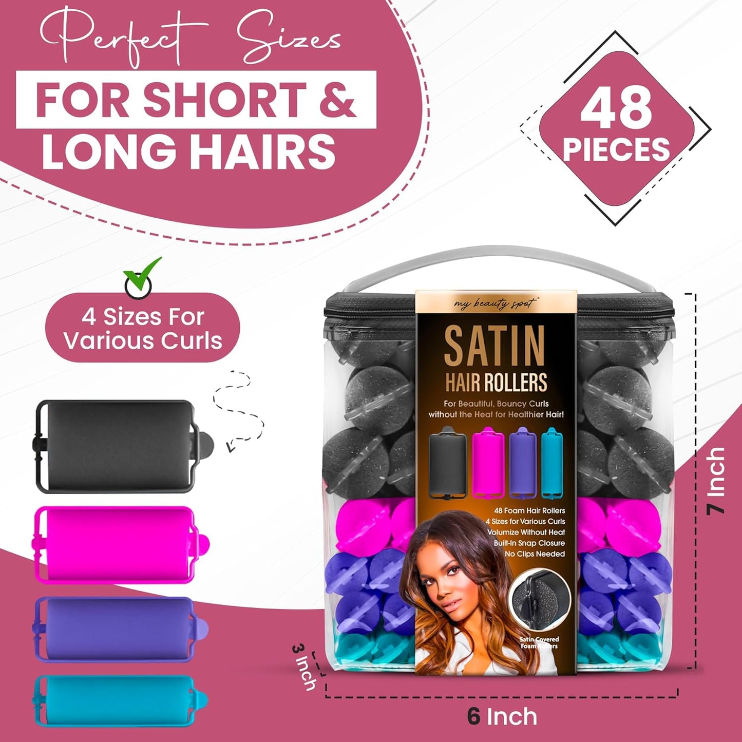 My Beauty Spot Heatless Rollers - Satin Hair Rollers - Overnight Hair Curlers, 48Pcs Overnight Foam Curlers, No Clips, Assorted Sizes & Colors, with Storage Case