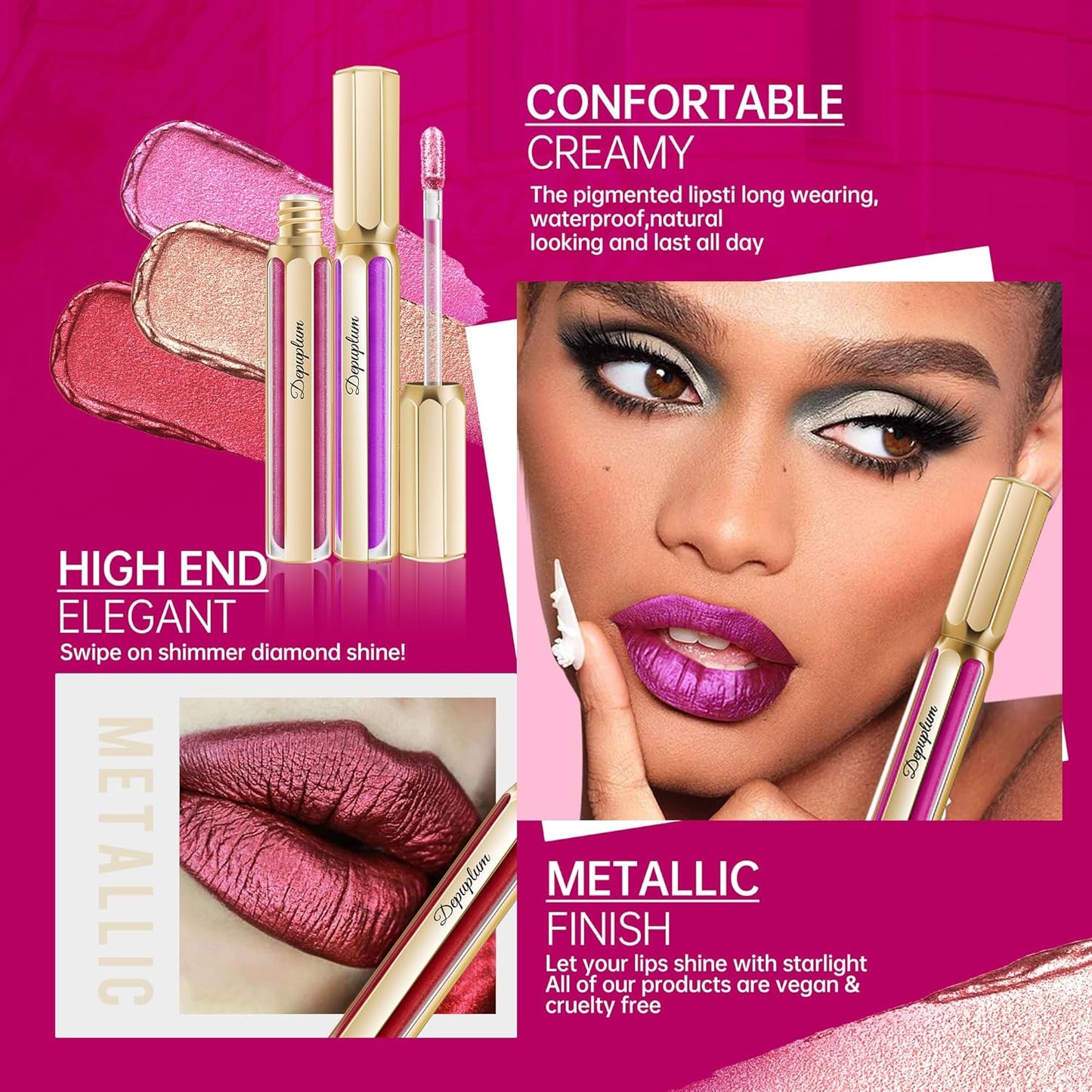 Pink Lipsticks for Women Metallic Lipstick Long Lasting Non Stick Cup Lip Gloss, Shimmer Lightweight Hydrating Full Coverage Lip Color, DP108 Mermaid