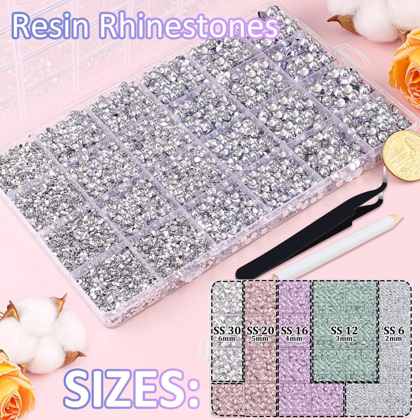 30000Pcs Resin Rhinestones for Bedazzling, Silver Clear Flatback Gems for Diamond Art, Crystal Bedazzler Kit with 3Pcs 10ml B7000 Jewelry Glue for Crafting Clothing Book Shoes Nail Art