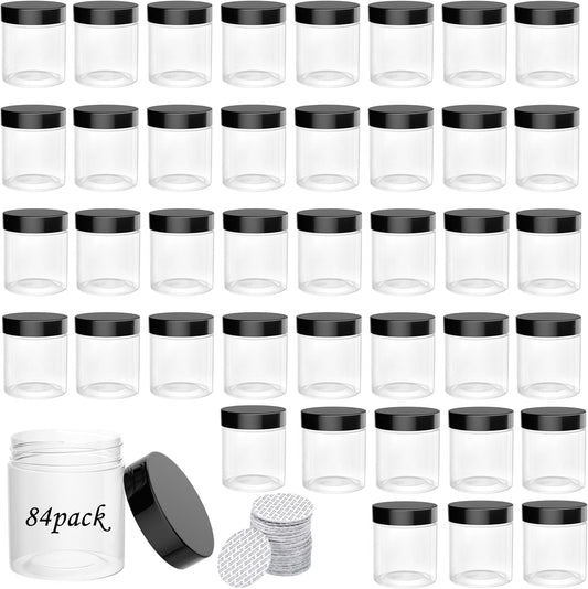 84PCS 4oz/125ml Plastic Jars with Screw On Black Lids Seal Stickers Bottle Lid,Clear Container for Storing Dry Food,Spice,Lotion, Cosmetic, Slime, Honey Jam, Cream, Butter
