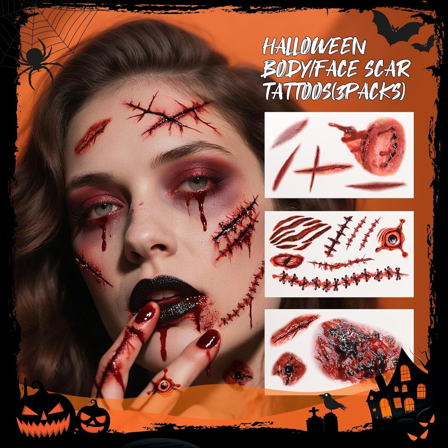 docolor Makeup Brush Set,5PCS Halloween Goth Makeup Brushes Powder Contour Eyeliner Brow Eyeshadow Brush Set with 9 Colors Halloween Eyeshadow Palette,1PC Makeup Sponge Puff&3PCS Halloween Scar Tattoo