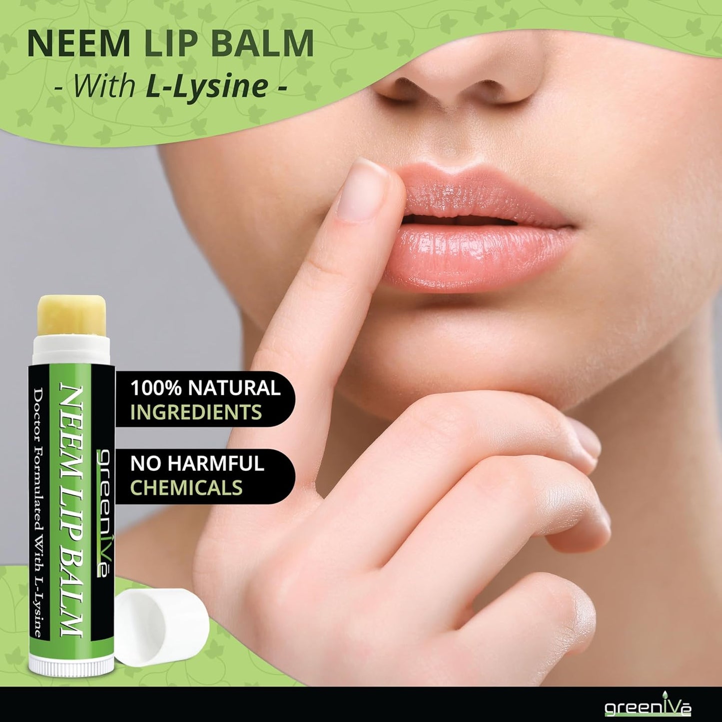 GreenIVe Neem Lip Balm, Vegan Lip Moisturizer with L-Lysine, Soothe and Soften (3)