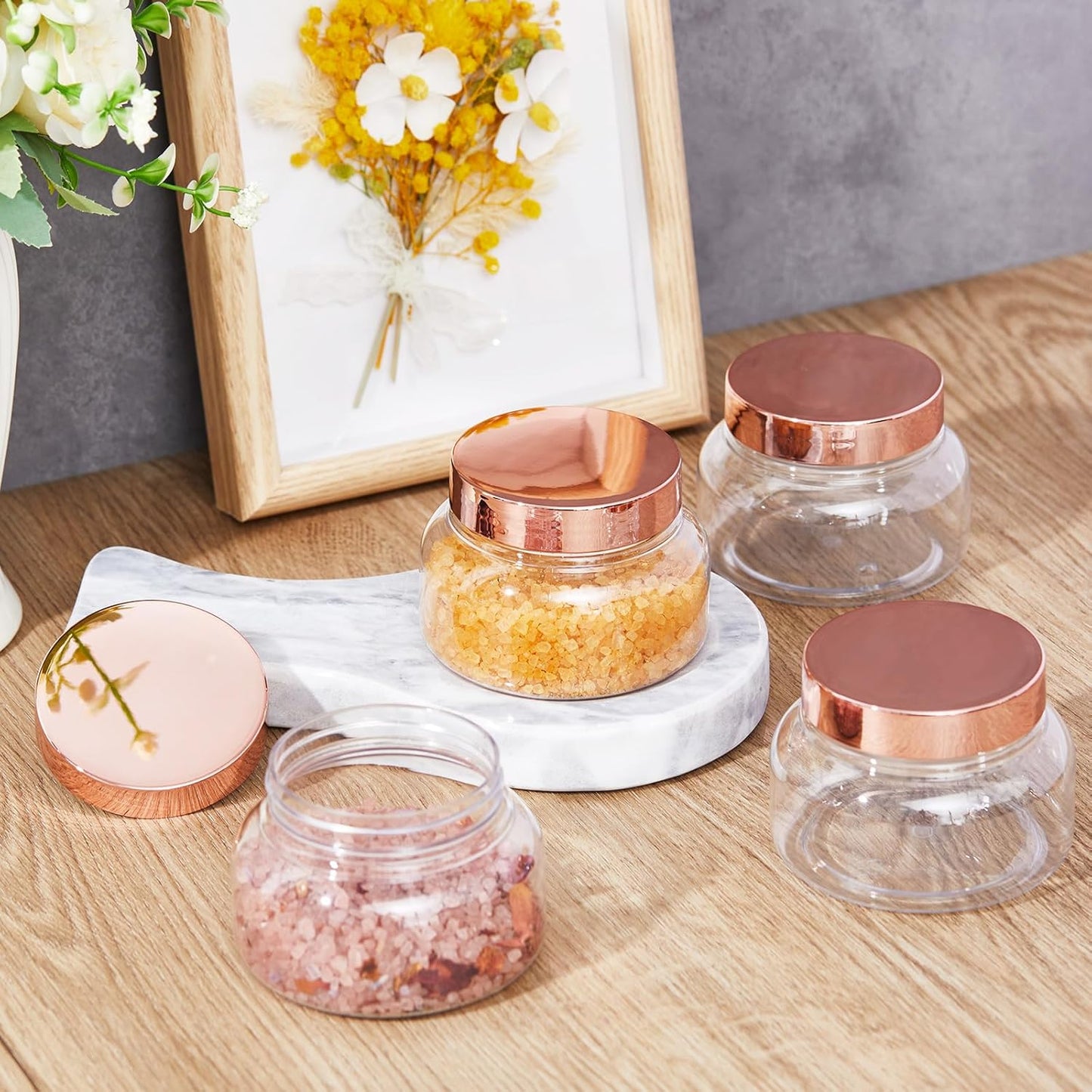 Tessco 24 Pack Plastic Jars with Lids Labels Empty Clear Plastic Jars Round Refillable Cosmetic Containers Body Butter Containers Bulk Sugar Scrub Bottle for Make Up(8 oz,Rose Gold)