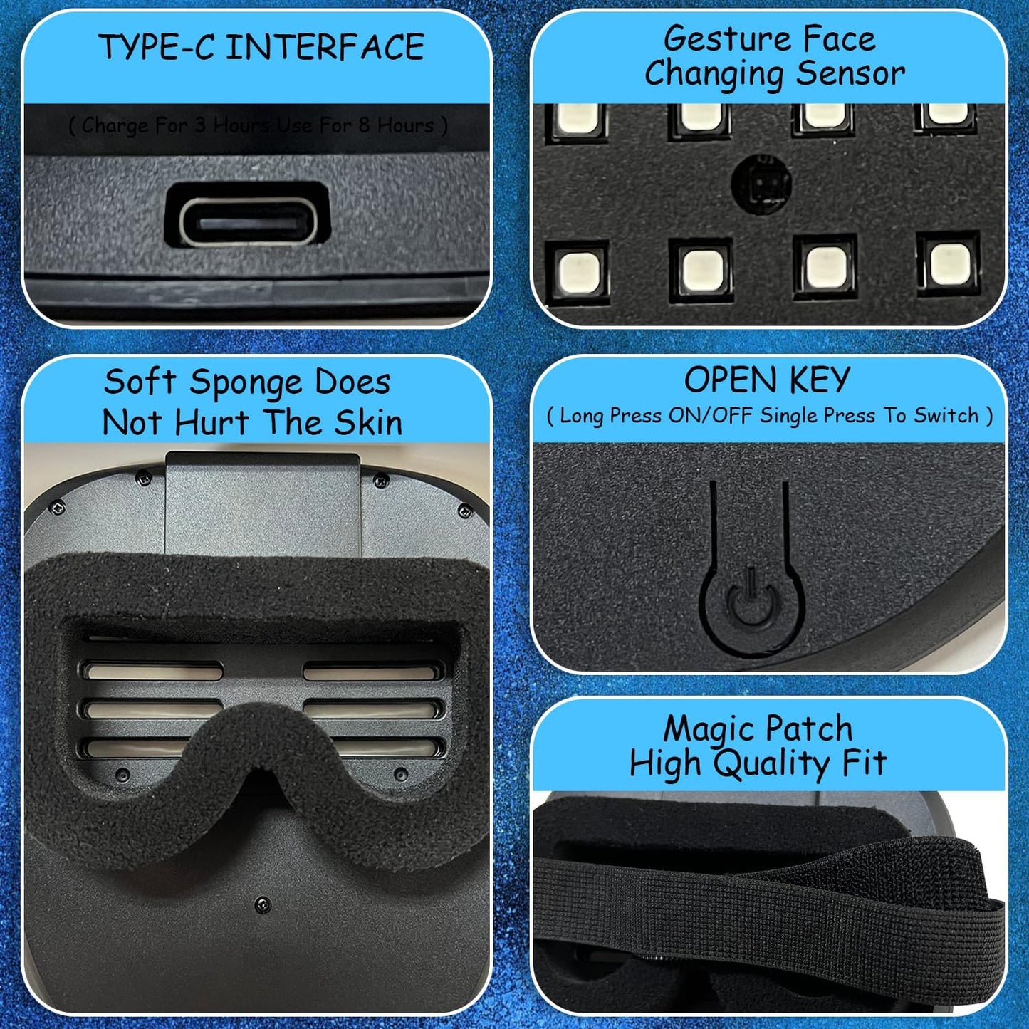 Led Mask with Gesture Sensing, Light up Face Transforming Mask for Halloween Xmas Costume Party