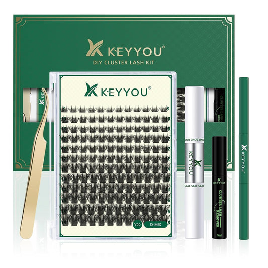 DIY Lash Extension Kit KEYYOU 144pcs Lash Clusters Eyelash Extension Kit with Mascara Brush Bond and Seal Lash Remover Lash Applicators Lash Brush for DIY Lash Extensions (Y22 Kit)