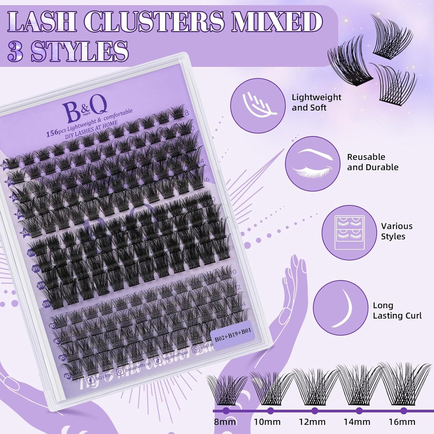 B&Qaugen Lash Clusters 156PCS Lash Clusters Kit B01+B02+B19 DIY Lash Extension Kit Eyelash Extension Kit 8-18mm Wispy Lashes Clusters with Lash Bond & Seal Lash Applicator Tool for DIY (Andromeda)