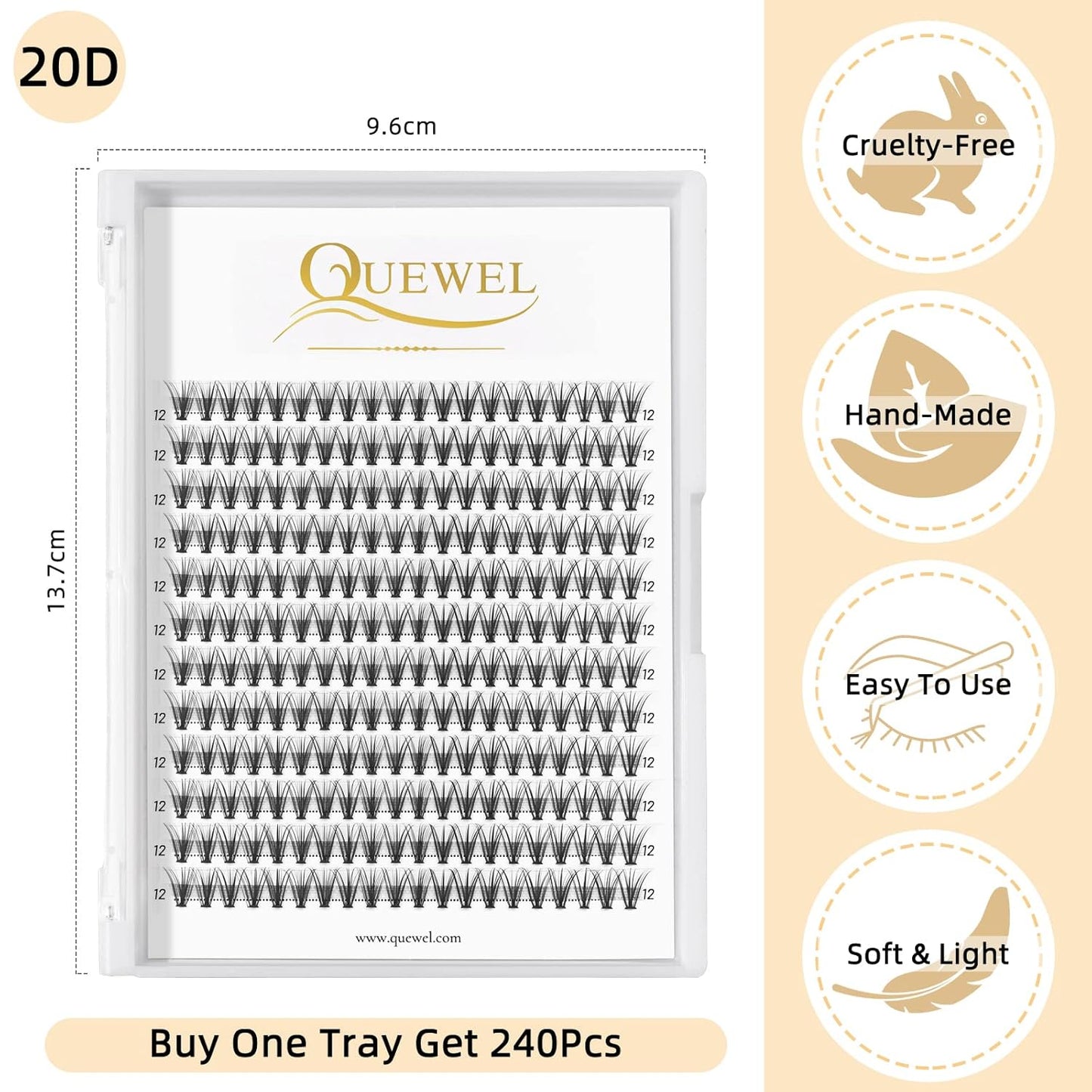 QUEWEL Cluster Lashes 240Pcs Individual Lashes 20D 0.07D Curl 12mm Knot-Free Lash Extensions Clusters Lashes Soft&Natural False Eyelashes Individual DIY Eyelash Extension at Home(20D 0.07D 12)