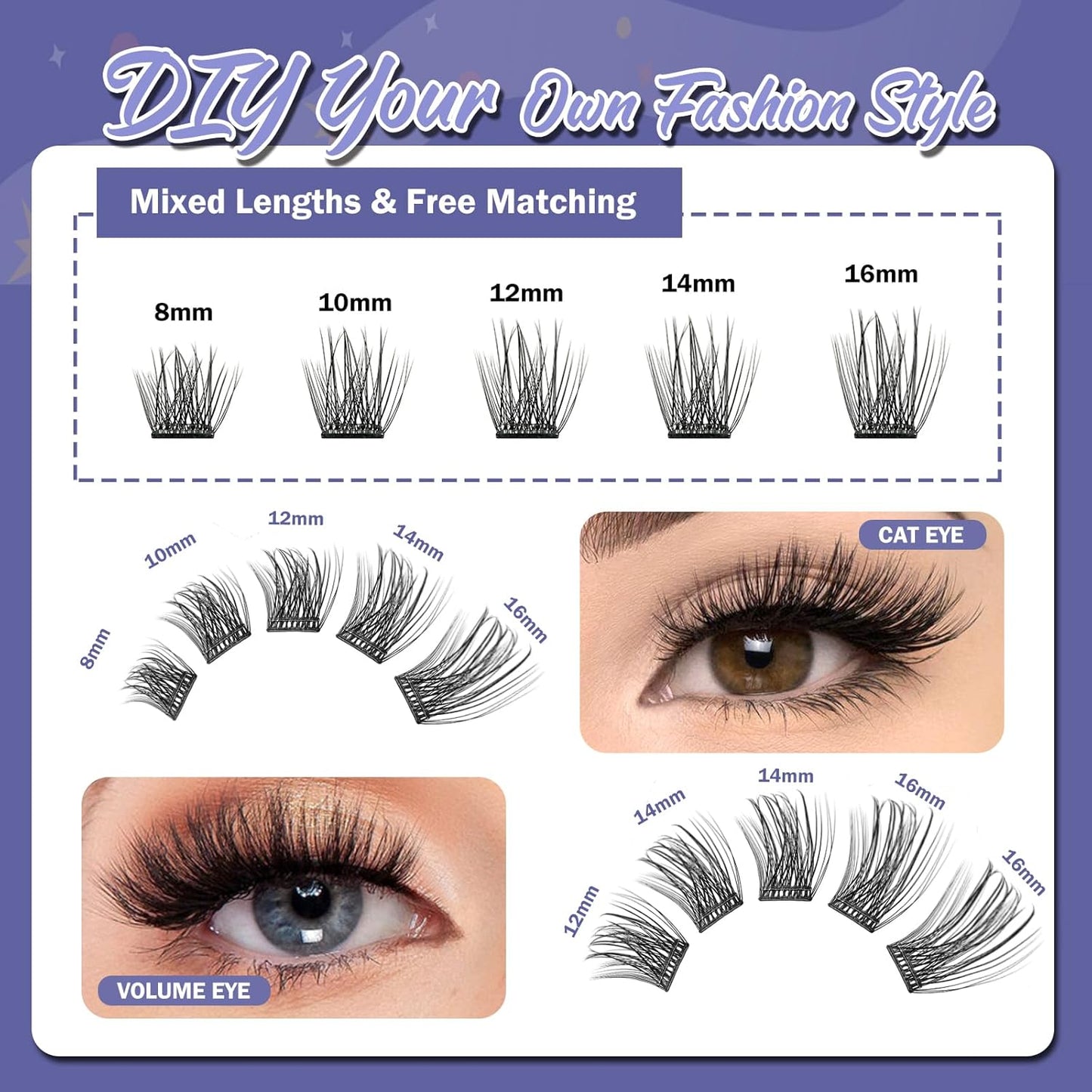 Self Adhesive Eyelashes, 156 PCS Self Adhesive Eyelash Clusters, No Glue Needed, Dual-row Glue Strips 8-16mm Mixed Individual Lash Extension Super Sticky Reusable False Lashes