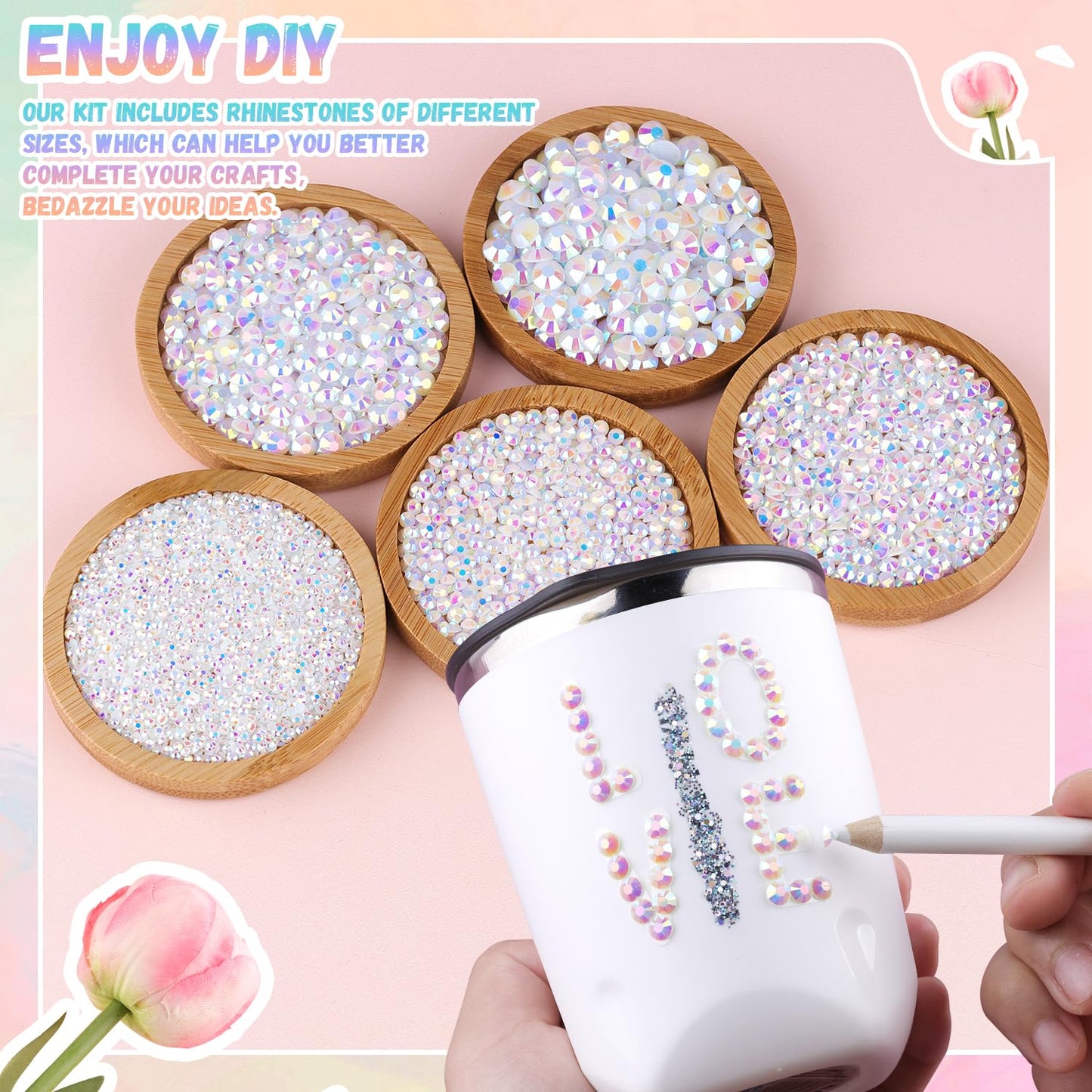 25000Pcs Resin Jelly Rhinestones with Tweezers for Crafting, 2-6mm Mixed Sizes (White AB) Non Hotfix Flatback Gems, Bedazzling Crystal for DIY Crafts Clothing Tumblers Mugs Shoes Decor Nail Art