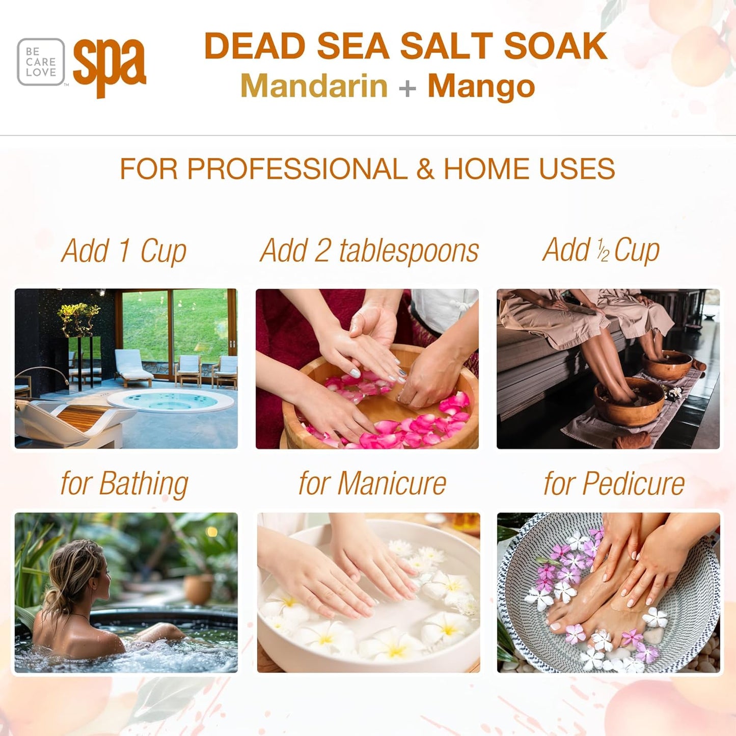 Be Care Love (BCL) Spa Dead Sea Salt Soak (16 oz, Mandarin & Mango)