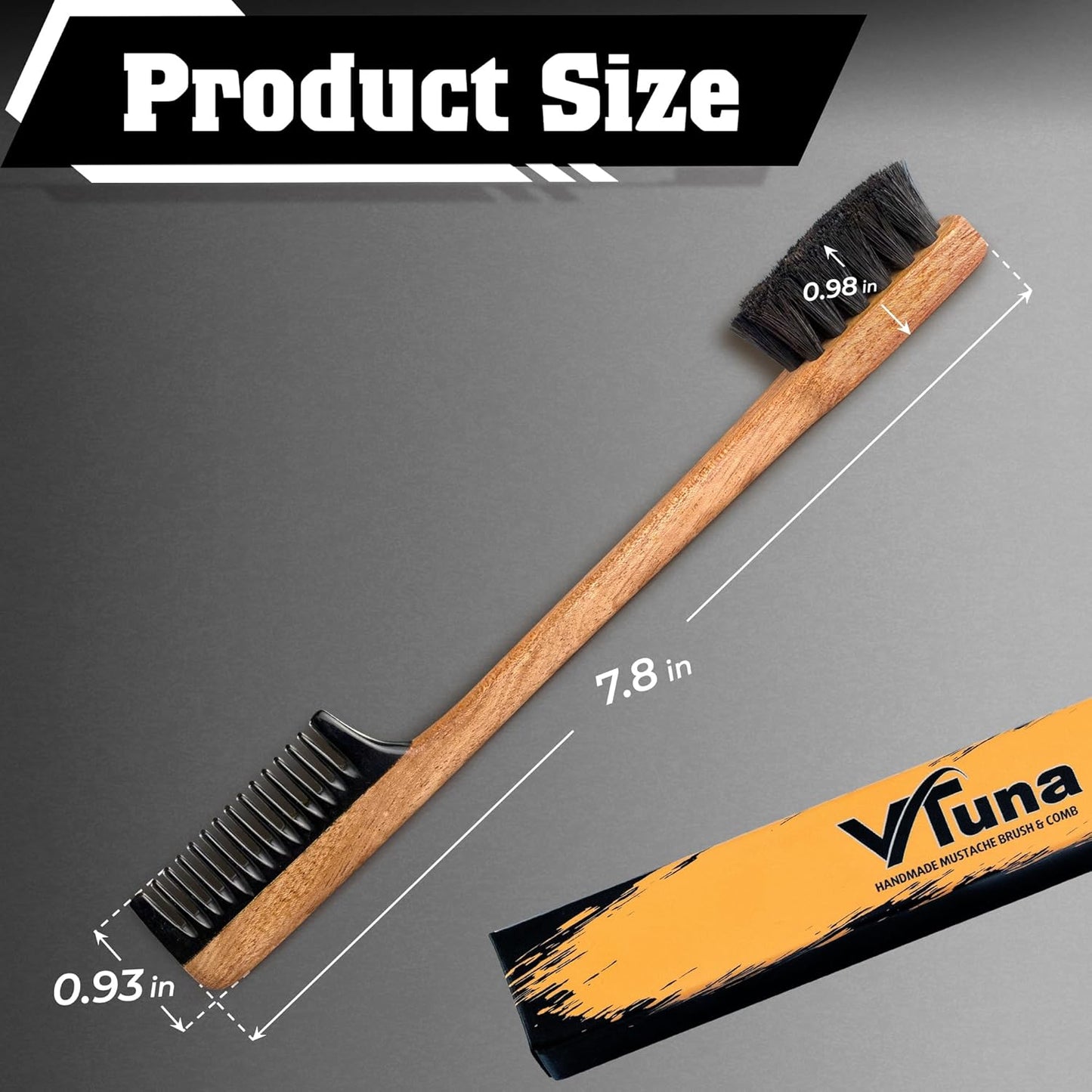 2-in-1 Beard Comb & Brush - Mustache & Beard Comb for Men. Handcrafted from Solid Wood, Buffalo Horn, and Cow Tail Hair. Comes in a Box, Perfect for Gifting.
