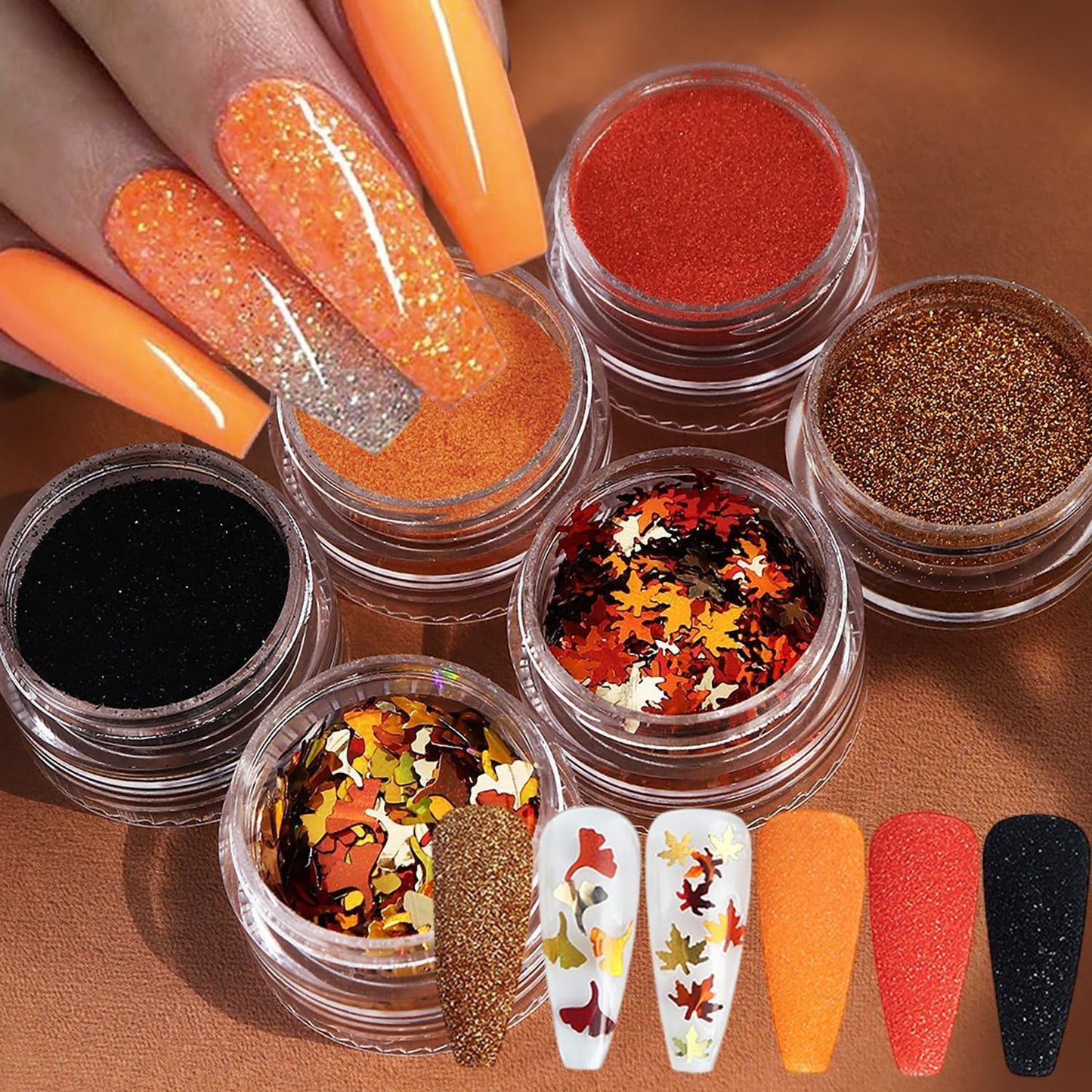 Fall Nail Art Glitter Maple Leaf Nail Sequins Flakes, 4 Colors Manicure fine Glitter Powder, 3D Holographic Ginkgo Biloba Nail Stickers Decals Supplies Nail Charms for Women Girls 6 Box