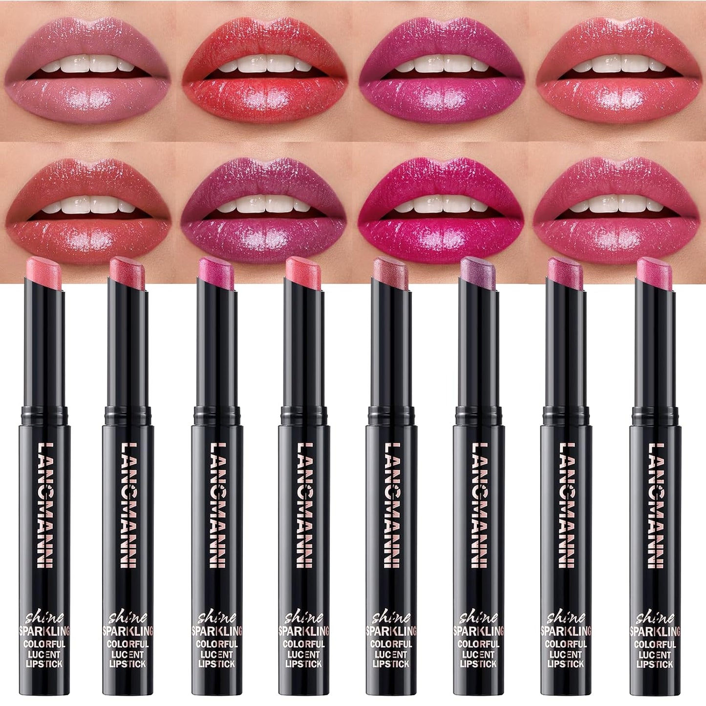 Jolilab 8Pcs Sparkling Lipstick Lip Gloss Long Lasting Waterproof Moisturizer Lip Balm Glitter Shimmer Metallic, Diamond Shiny Bold Glow Goth Lipstick for Women Girls