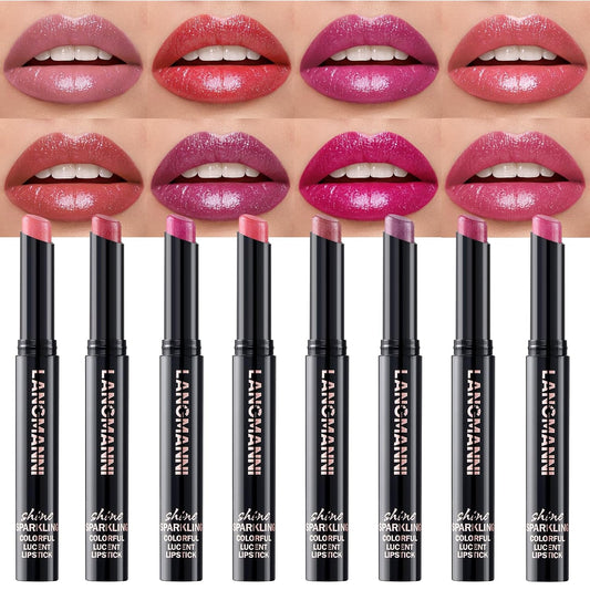 Jolilab 8Pcs Sparkling Lipstick Lip Gloss Long Lasting Waterproof Moisturizer Lip Balm Glitter Shimmer Metallic, Diamond Shiny Bold Glow Goth Lipstick for Women Girls