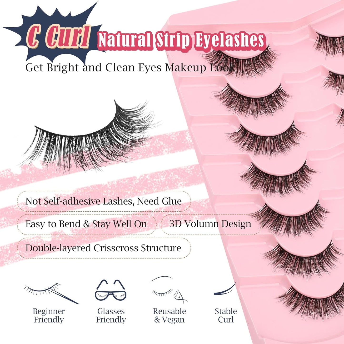 Lashes False Eyelashes 13MM Wispy Lashes Pack Fluffy Lash Strip EyeLashes with Thin Band C Curl Natural Lashes Fake Eyelash 7 Pair Siligli