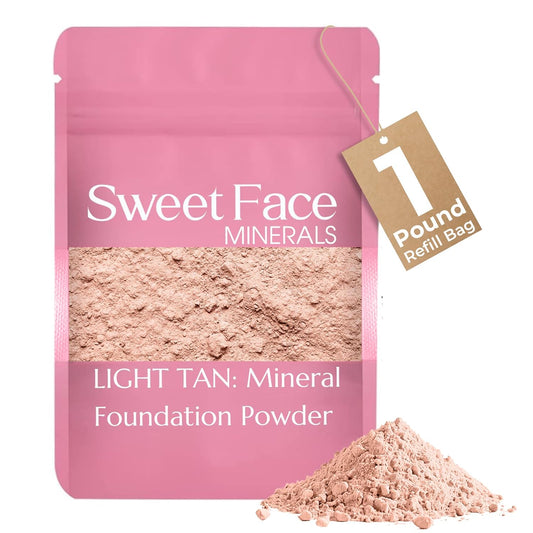 (1 Pound) (Light Tan) Foundation Powder Refill By Sweet Face Minerals, Lightweight Mineral Loose Makeup Powder with SPF 20, Full Coverage Flawless Finish, Talc-free, Cruelty-Free, Refill Pouch