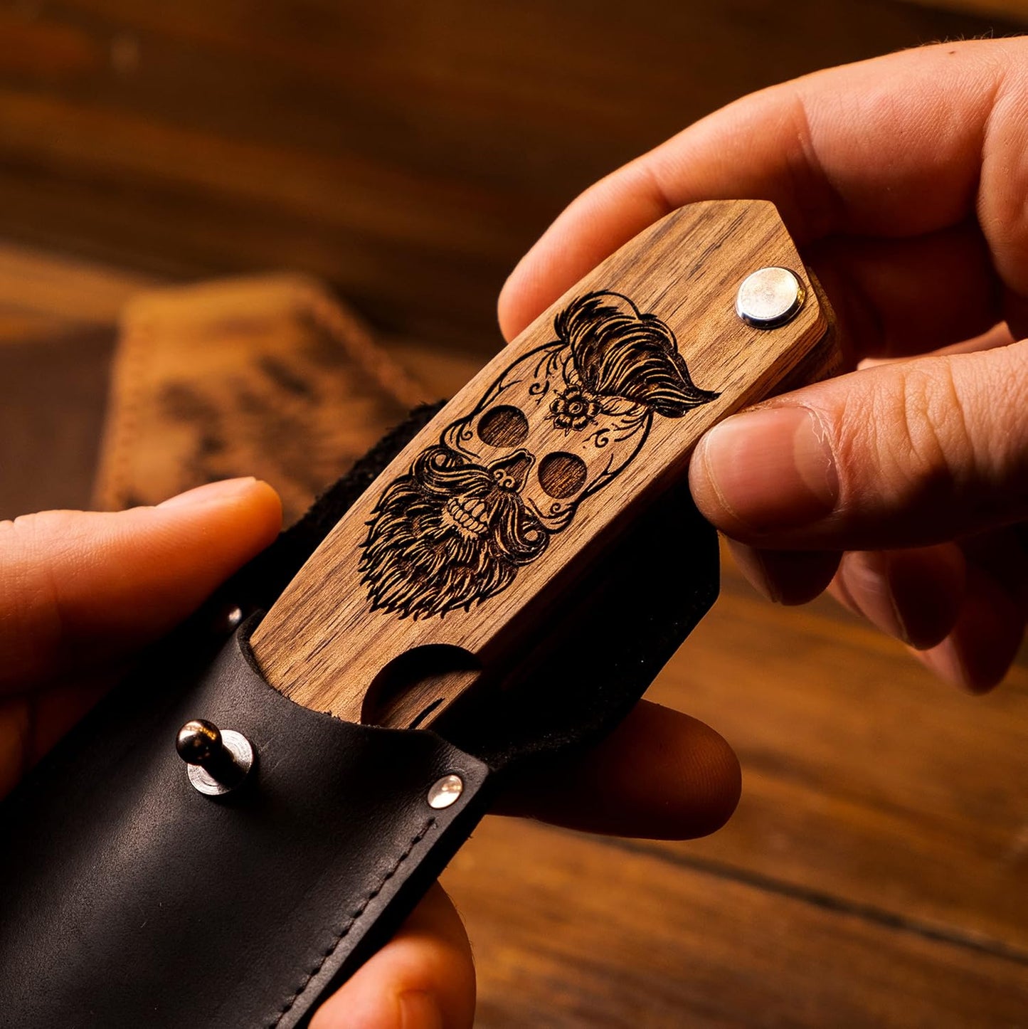 Beard Comb Gifts for Him Wooden Comb for Men Folding Pocket for Moustache Hair Walnut Combs Husband with the Engraving (Fear The Beard) (Model SK)