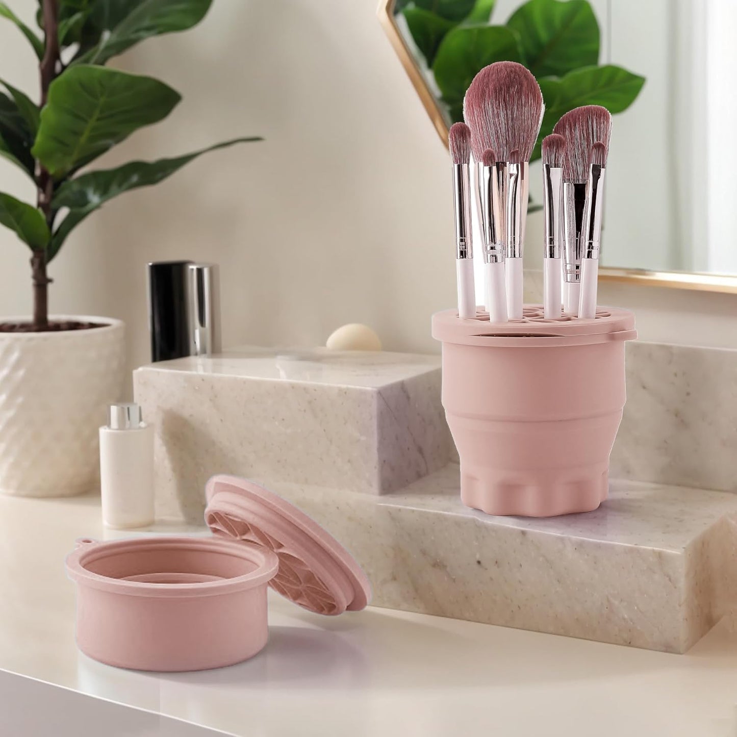 Makeup Brush Cleaner - Foldable Silicone Makeup Brush Cleaner Mat with Brush Storage Holder Makeup Brush Cleaning Bowl Cosmetic Brush Washing Tool for Cleaning Organizer and Drying (Nude Pink)