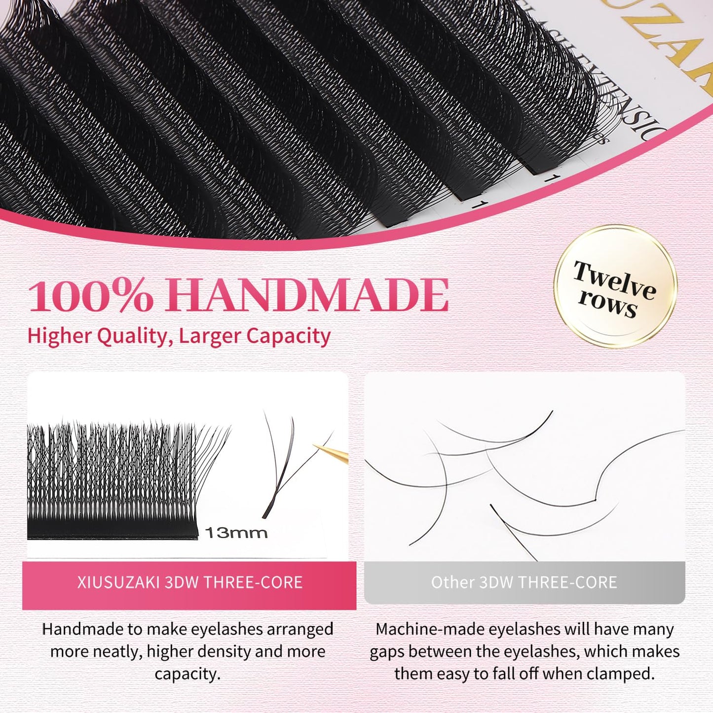 Lash Extensions Three Core Tips 3D Eyelash Extensions W Shape 0.07mm Thickness D Curl 10mm Premade Fans Easy Fan Volume Lashes Matte Black Crisscross(W-3D-Three Core-0.07-D,10mm)