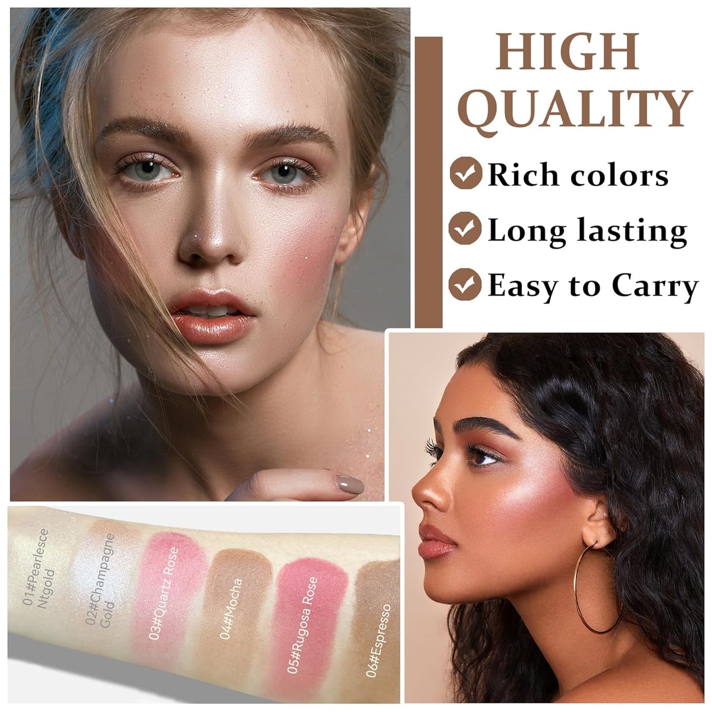 3PCS Cream Contour Stick Makeup Kit Face Highlighter Bronzer Blush Stick Long Lasting Illuminator Highlighters Makeup Stick for All Skin Tones(02 Champagne Gold+05 Rugosa Rose+06 Espresso)