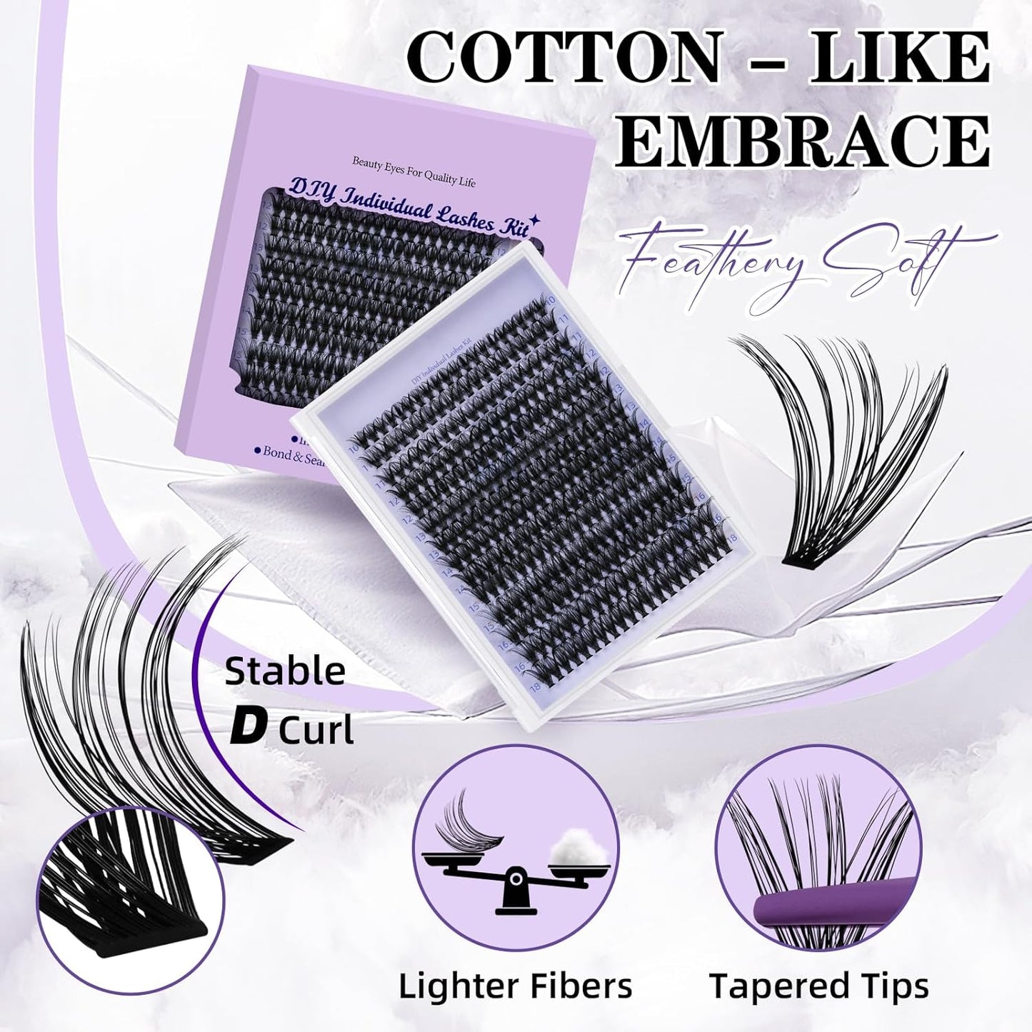 B&Qaugen Lash Extension Kit 280Pcs Volume Individual Lashes Kit Superfine Individual Eyelashes 10-18mm Soft D Curl Eyelash Clusters Kit with Bond and Seal Tweezers for Self Use （Kit-50D-10-18MIX）