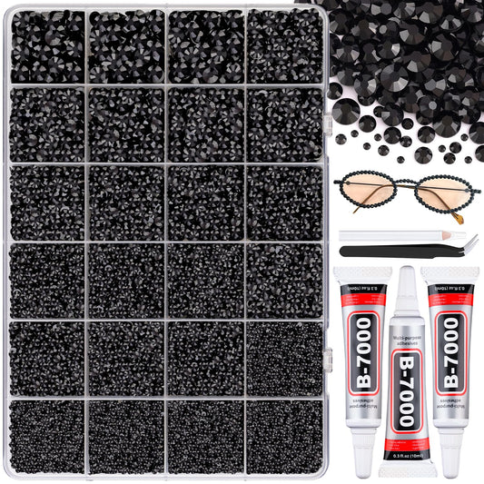 30000Pcs Resin Black Rhinestones with B7000 Jewelry Glue for Crafting, 2-6mm Non Hotfix Flatback Gems, Bedazzling Crystal for DIY Crafts Clothing Tumblers Mugs Shoes Fabric Decor Nail Art