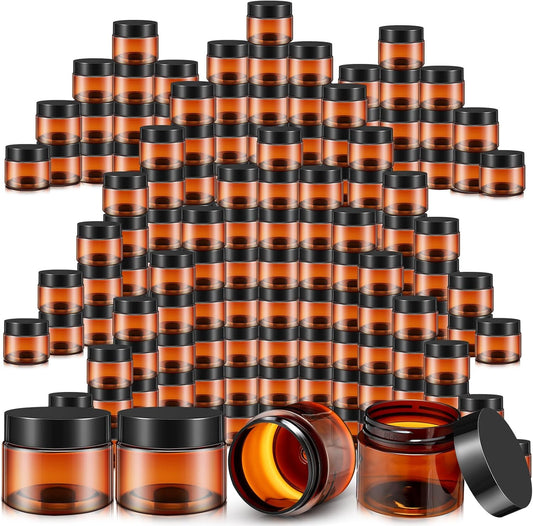 SATINIOR 100 Pcs Plastic Jars with Lids Small Containers Lids Wide Mouth Small Plastic Containers for Lotion Cream Rhinestones Body Butters Travel Storage(8 oz, Amber)