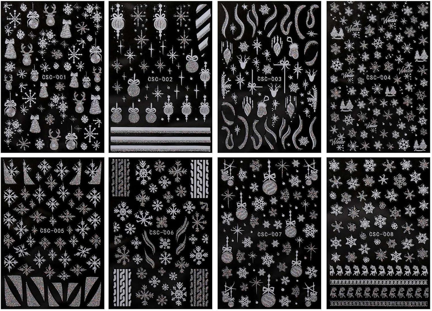 JMEOWIO 8 Sheets Christmas Glitter Nail Art Stickers Decals Self-Adhesive Snowflake Winter Holiday Cute Silver White Nail Supplies Nail Art Design Decoration Accessories
