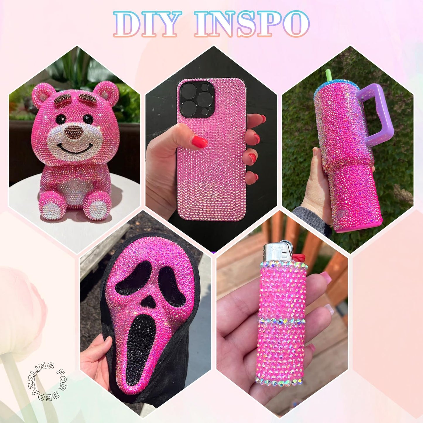 25000Pcs Resin Rhinestones with B7000 Jewelry Glue for Crafting, Hot Pink AB 2-6mm Non Hotfix Flatback Gems, Bedazzling Crystal for DIY Crafts Clothing Tumblers Mugs Shoes Fabric Decor Nail Art