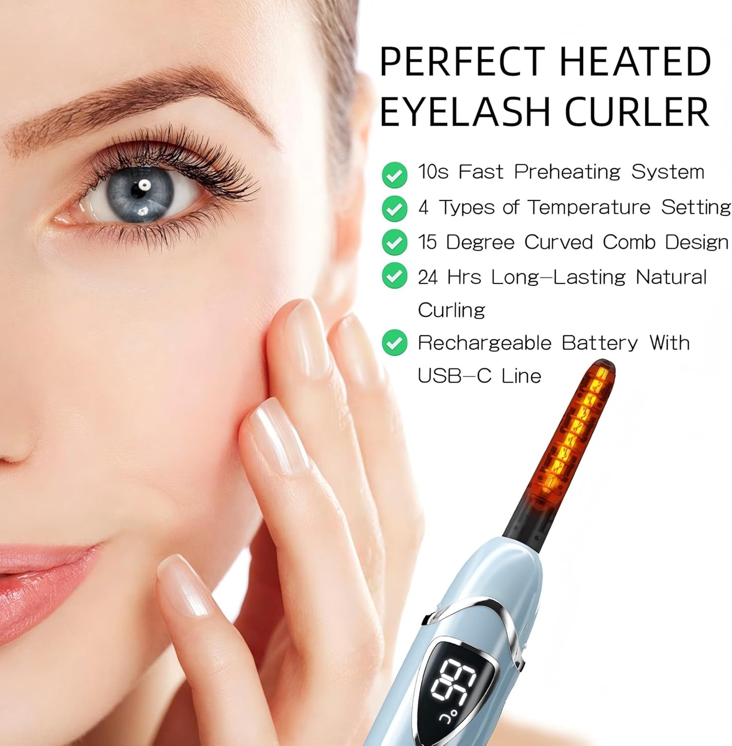 ZAPAL Heated Eyeash Curler, S600 Rechargeable Heated lash Curler, Intelligent Power Off Electric Eyelash Curler Heated Quickly 24 Hs Lasting Natural Makeup for Woman (Angel Blue/Silver, S600-148MM)