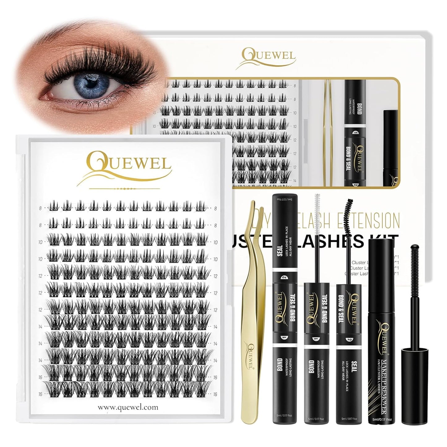 QUEWEL DIY Eyelash Extensions Kit, 144 Pcs Lash Clusters, Clusters Eyelash Applicator Tool, Super Hold Cluster Lashes Bond and Seal, Clusters Lash Glue Remover Easy to Apply at Home(Common-Kit)