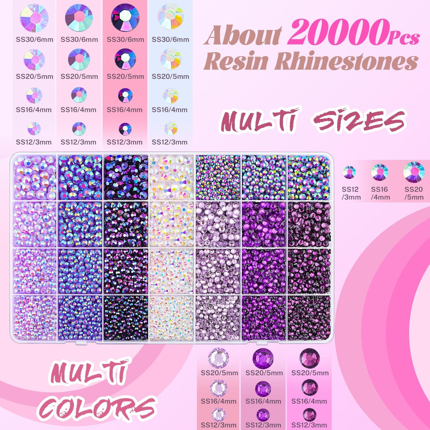20000Pcs Purple Rhinestones for Bedazzling with 1Pcs B7000 Jewelry Glue, Resin Rhinestones for Crafting Crafts DIY, Bedazzler Kit Gems for Clothing Shoes Tumblers Nail Art Assorted Size 3/4/5/6mm