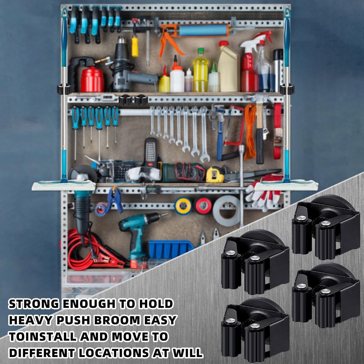 30 Pcs Magnetic Mop Broom Holder Movable Magnetic Broom Holder Rack, Anti Slip Wall Mounted Utility for Cleaning Tools, Garage, Kitchen, Laundry, Garden (Black)